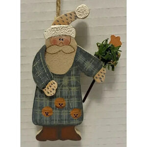 Wood Old World Santa Claus Green Plaid With‎ Christmas Wand 4.25 Inch Unique
